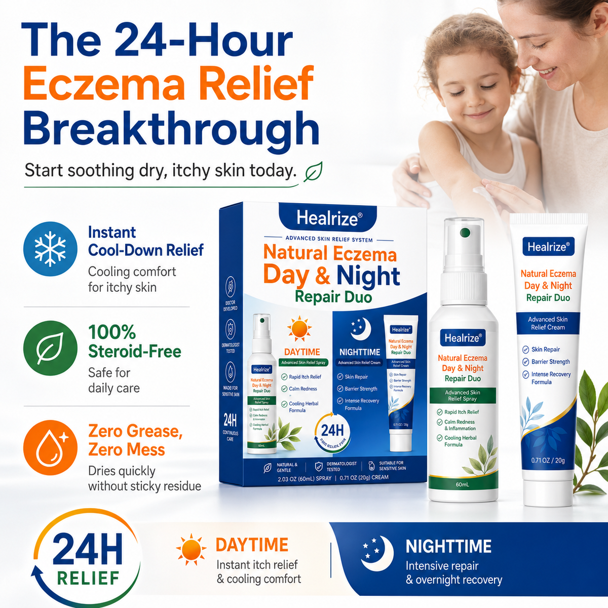 Healrize® Natural Eczema Day & Night Repair Duo – 100% Steroid-Free Soothing for Intense Itch & Barrier Repair