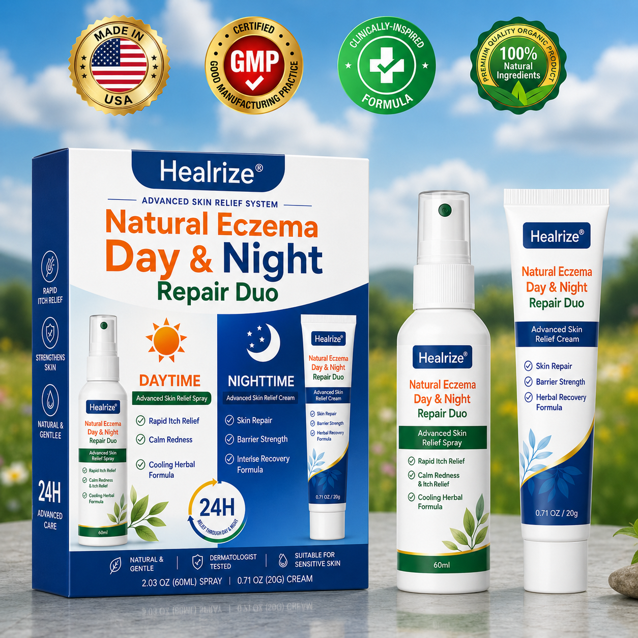 Healrize® Natural Eczema Day & Night Repair Duo – 100% Steroid-Free Soothing for Intense Itch & Barrier Repair
